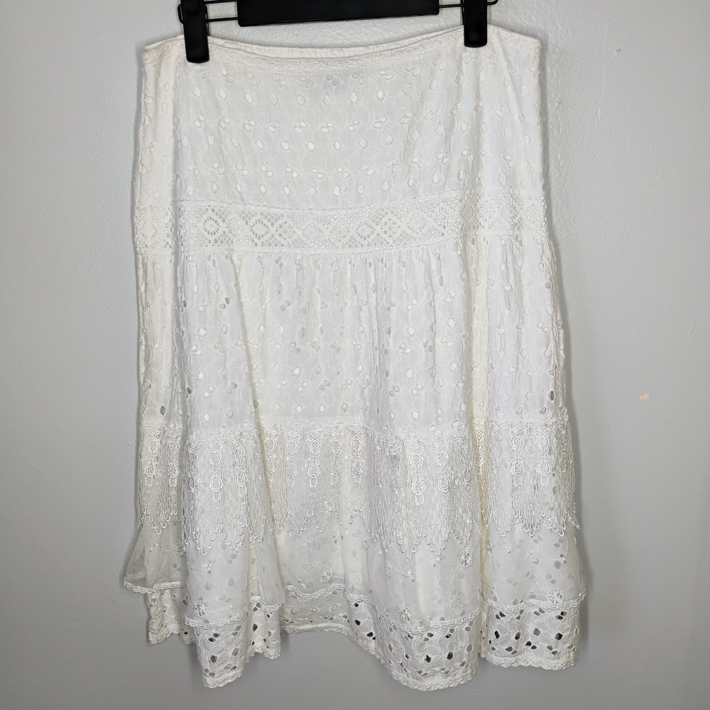 ECI‎ New York Skirt Womens Medium White Flared Eyelet Lace Boho Cottage Layered